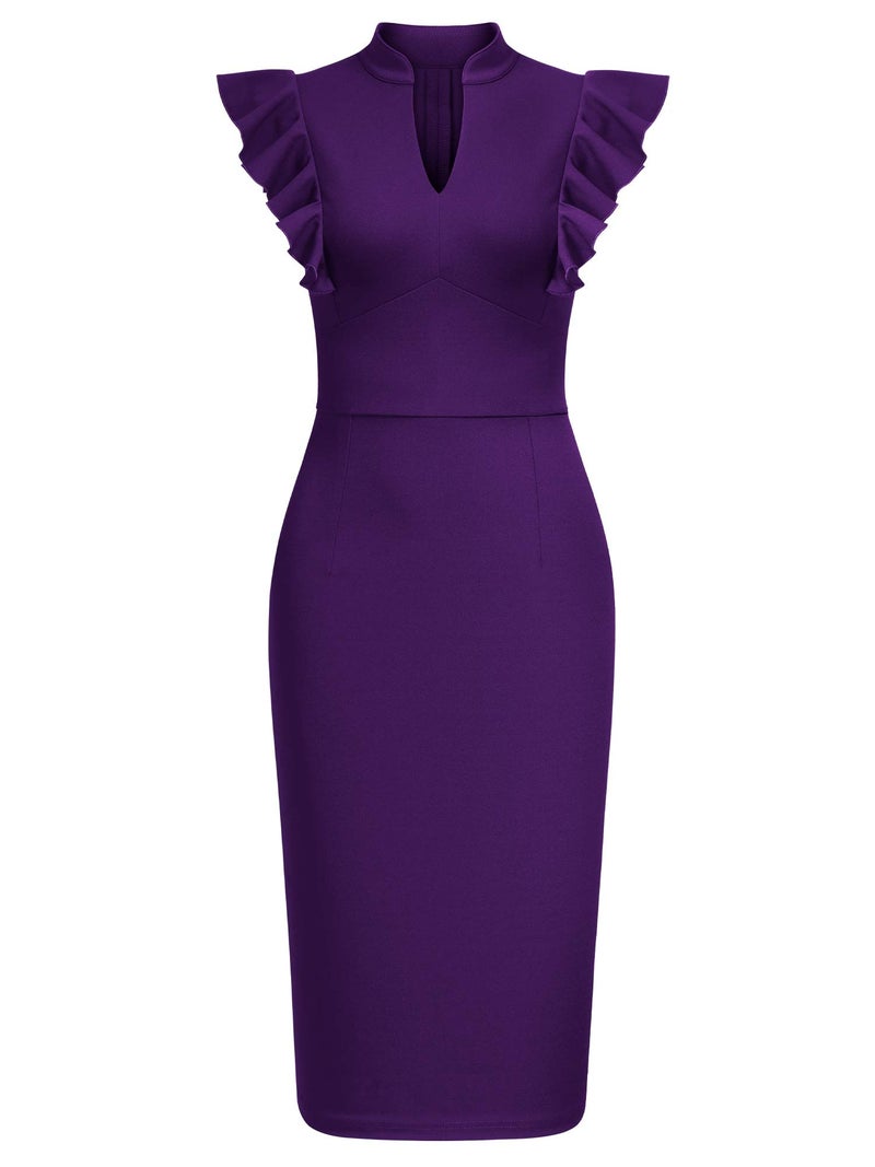 Knitee Women's Vintage Ruffle Sleeve V-Neck Bodycon Evening Party Cocktail Pencil Sheath Dress (Purple, Large) - Image 5